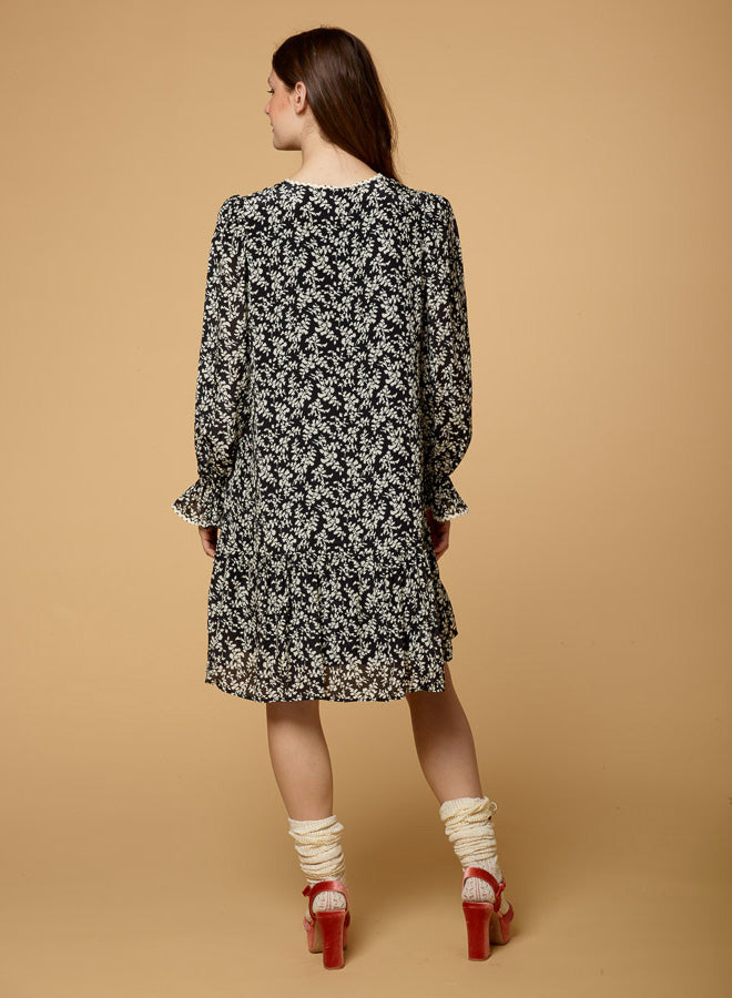 V Neck Floral Print Lantern Sleeve Dress
