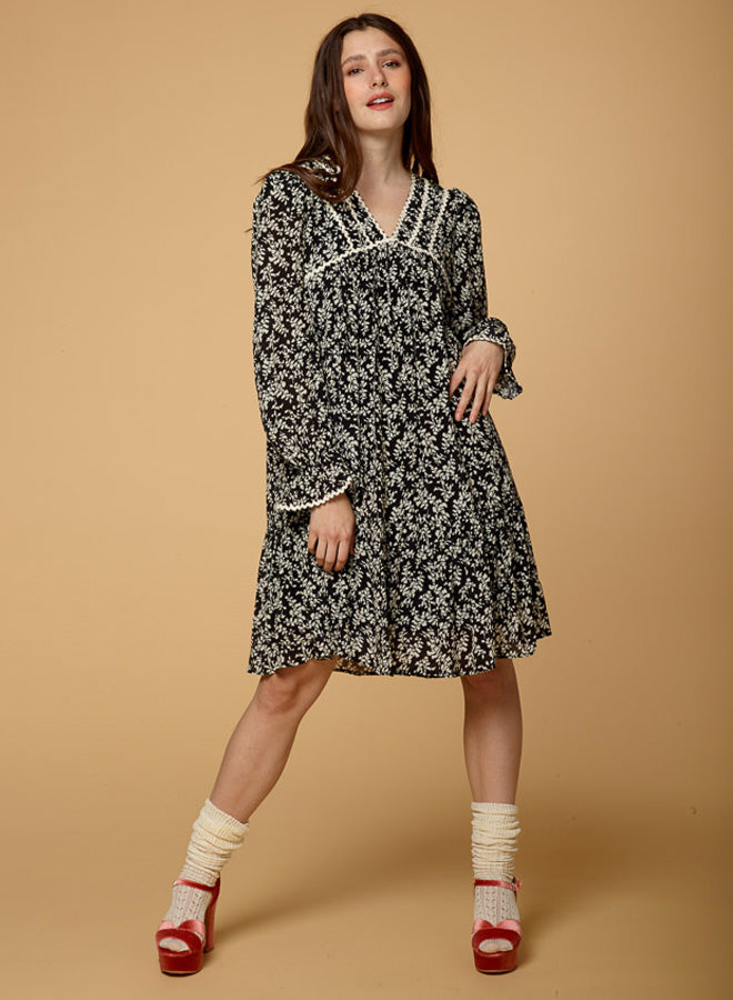 V Neck Floral Print Lantern Sleeve Dress