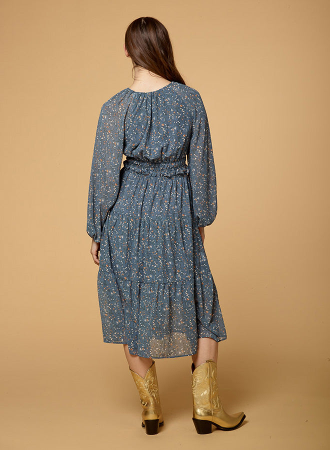 Long Sleeve Pleated Chiffon Dress