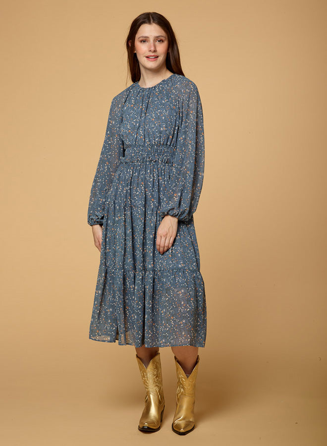 Long Sleeve Pleated Chiffon Dress