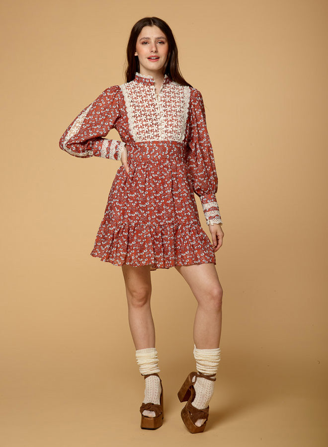 Stand Collar Lace Stitched Dress
