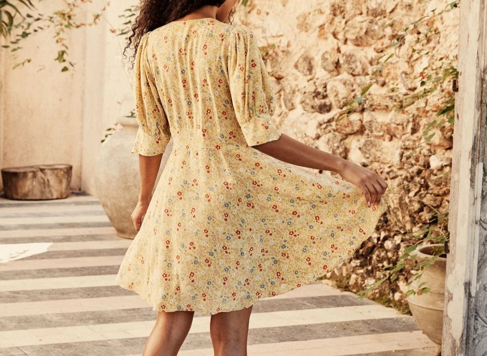 Fabric-Covered Botton Through Dress
