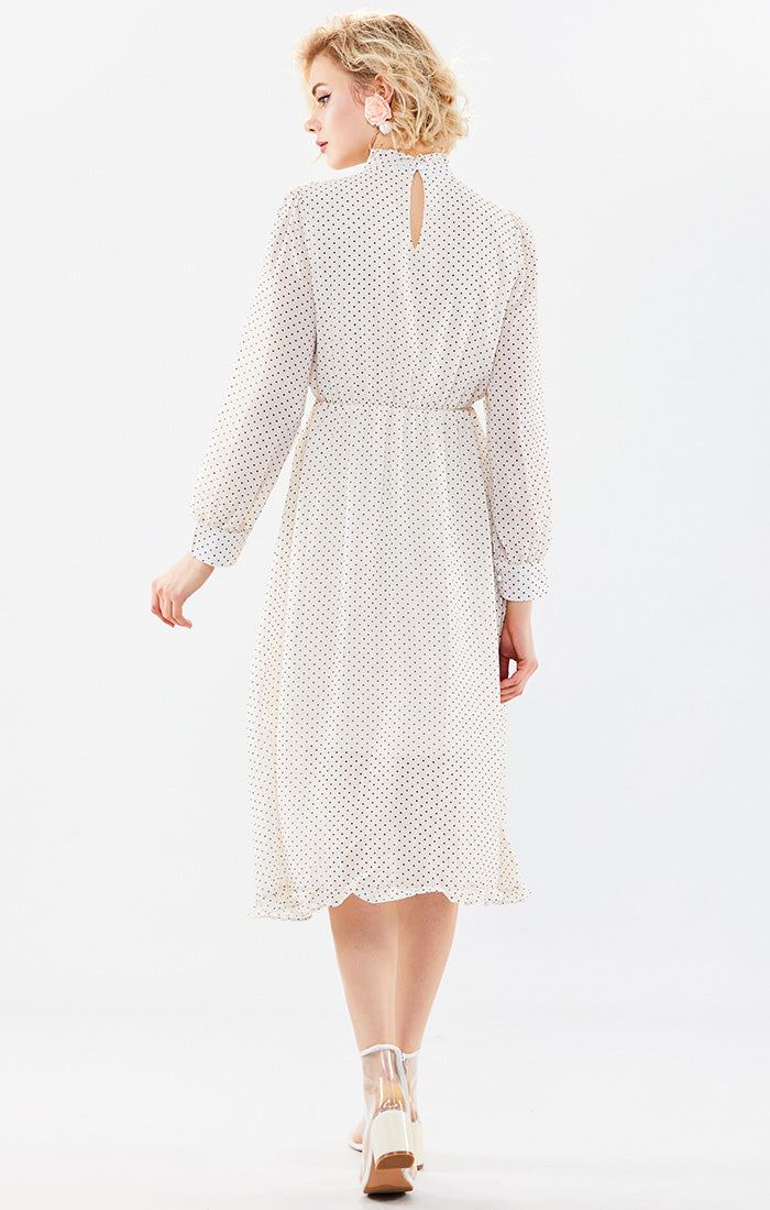 Long Sleeve Chiffon Polka Dot Pintuck Dress