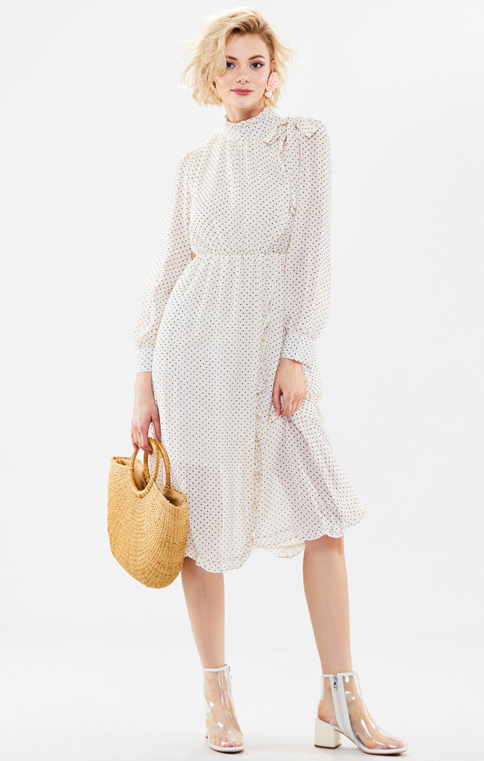 Long Sleeve Chiffon Polka Dot Pintuck Dress