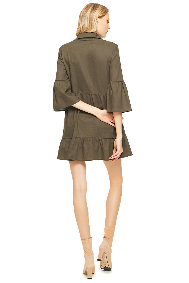 Trumpet Sleeve Button-Front Dress