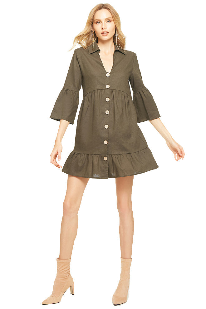 Trumpet Sleeve Button-Front Dress