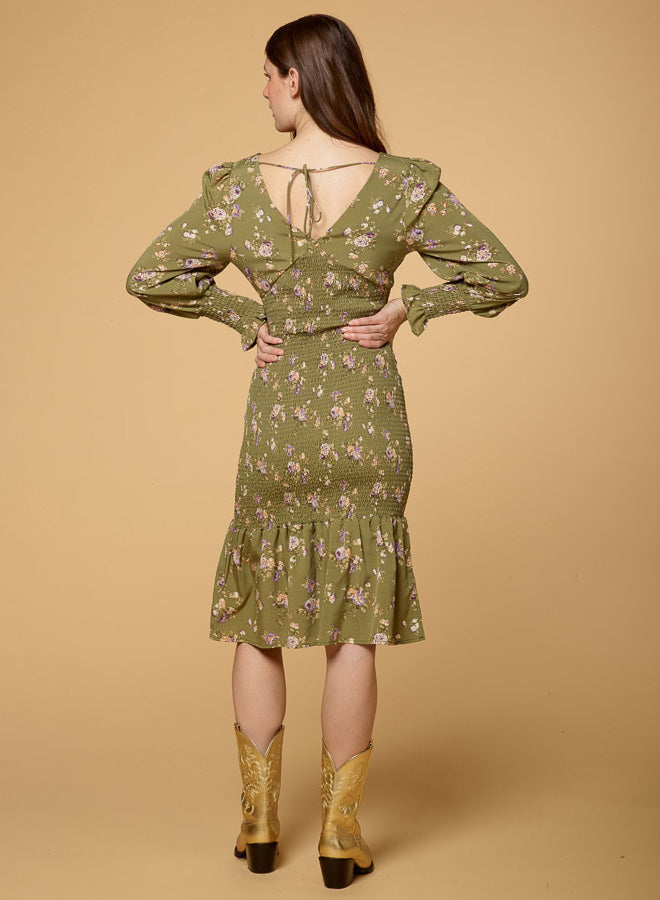Print V Neck Long Sleeve Dress