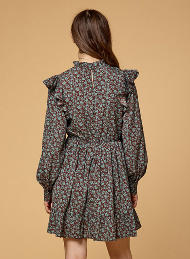 Floral Print Smocked Ruffled Long Sleeve Dress