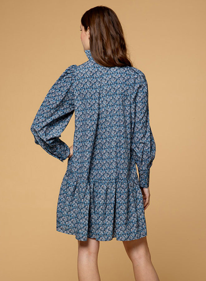 Stand Collar Blue Floral Print Dress