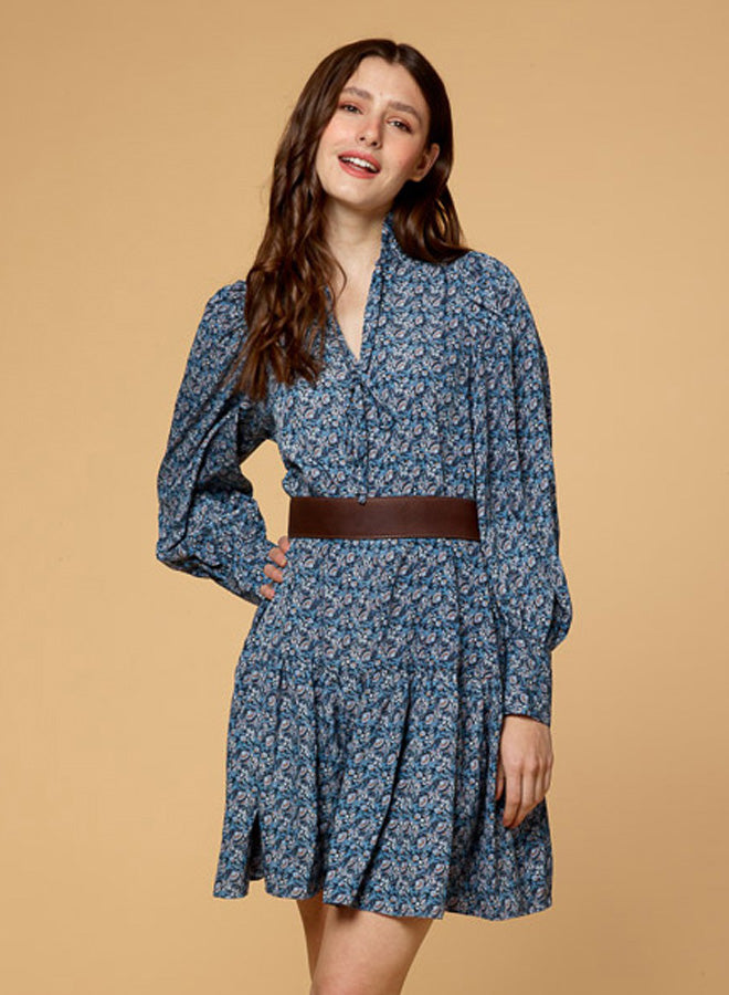 Stand Collar Blue Floral Print Dress