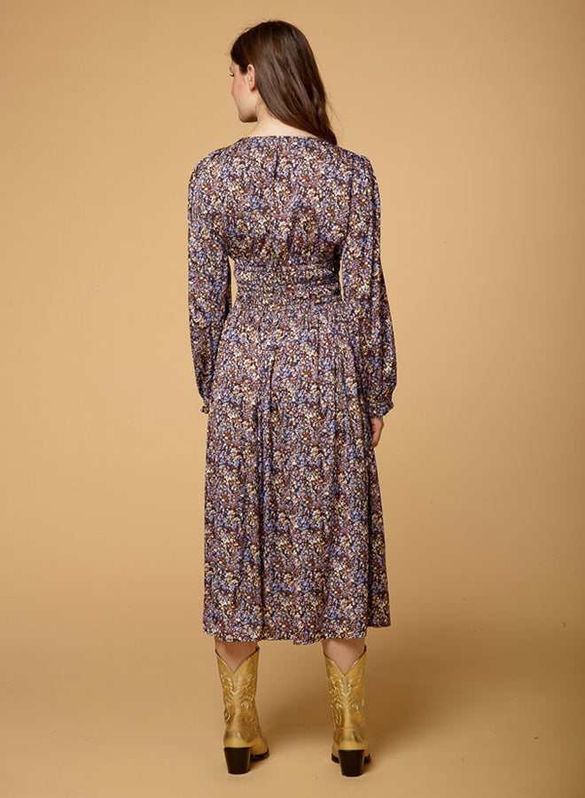 V Neck Elastic Waist Print Dress
