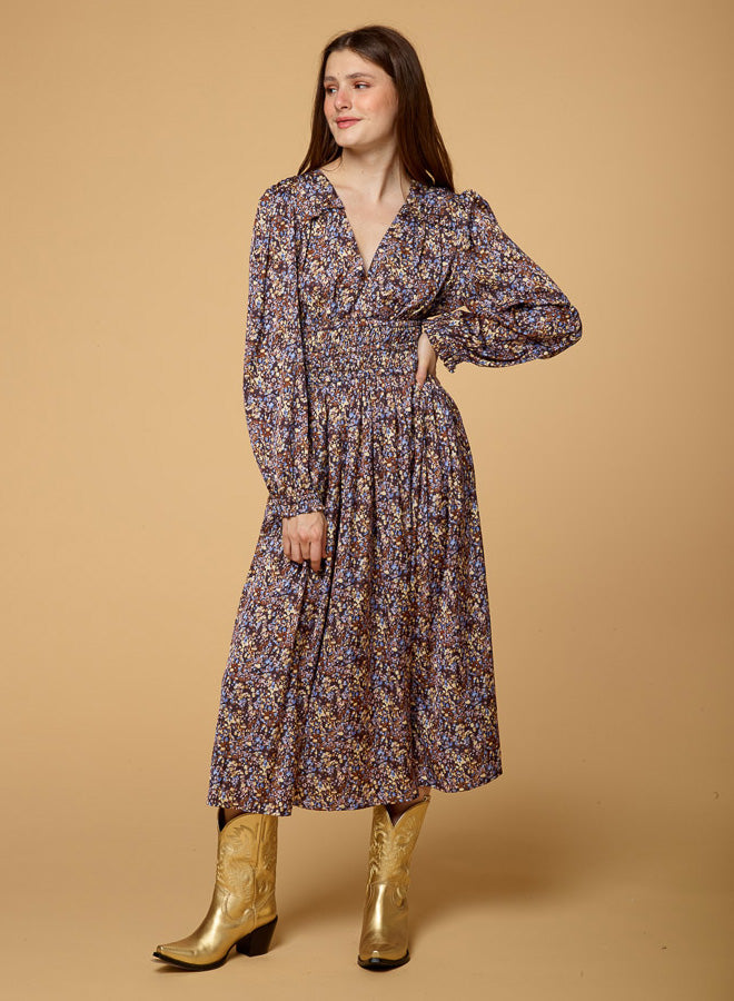 V Neck Elastic Waist Print Dress