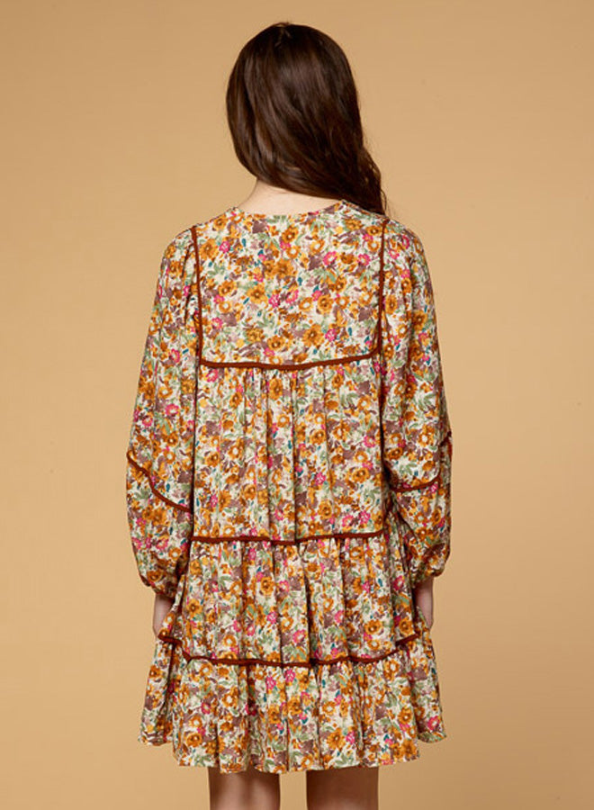 Tasseled Floral Print Long Sleeve Dress