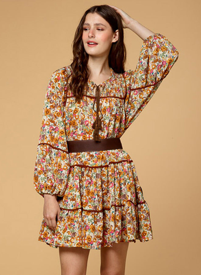 Tasseled Floral Print Long Sleeve Dress