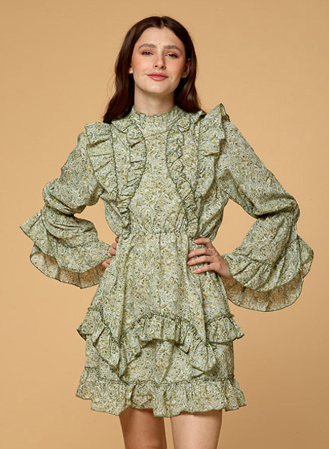 Ruffle Flower Print Chiffon Dress