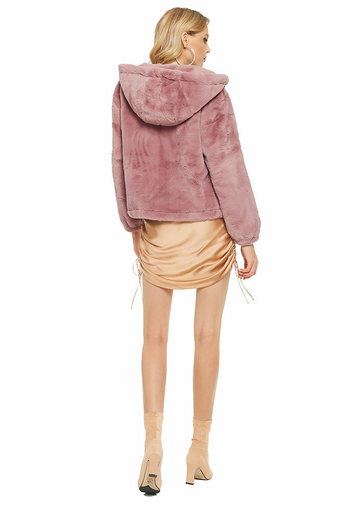 Hooded Furry Zip-Front Coat