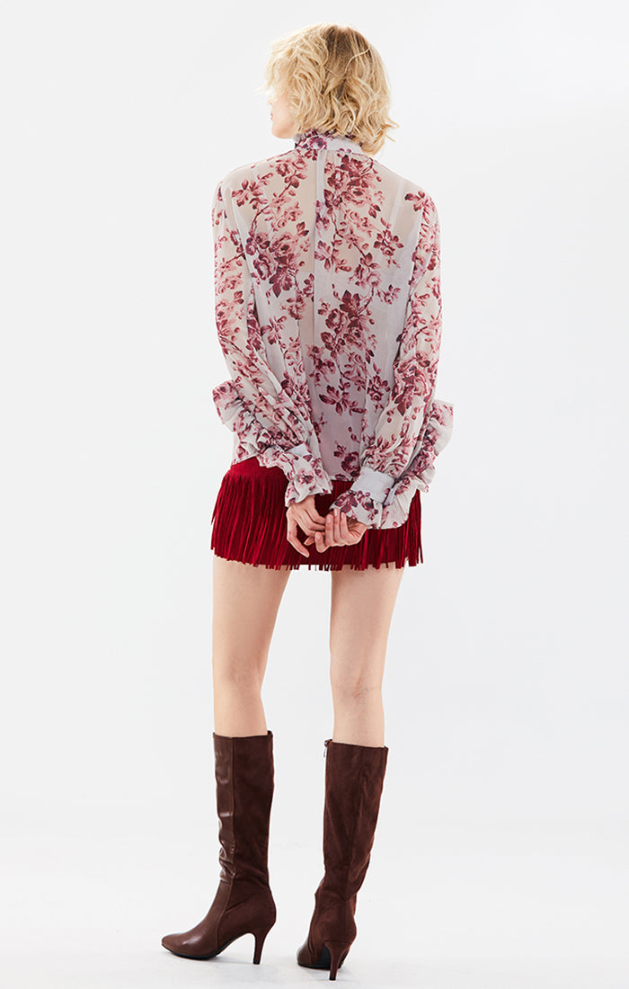 Button-Tied Ruffled Trim Printed Top