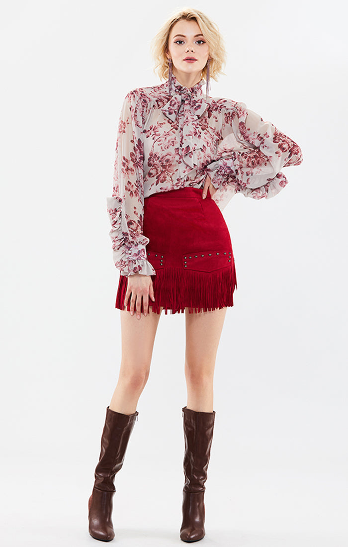 Button-Tied Ruffled Trim Printed Top