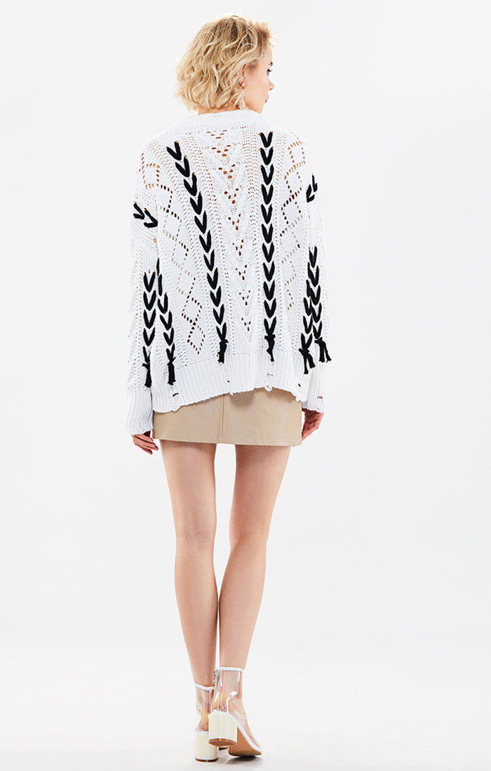 Open-Stitch Crewneck Long-Sleeve Sweater