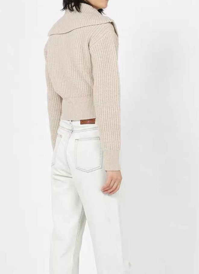 Turn- Down Collar Zip Front Knitted Sweater