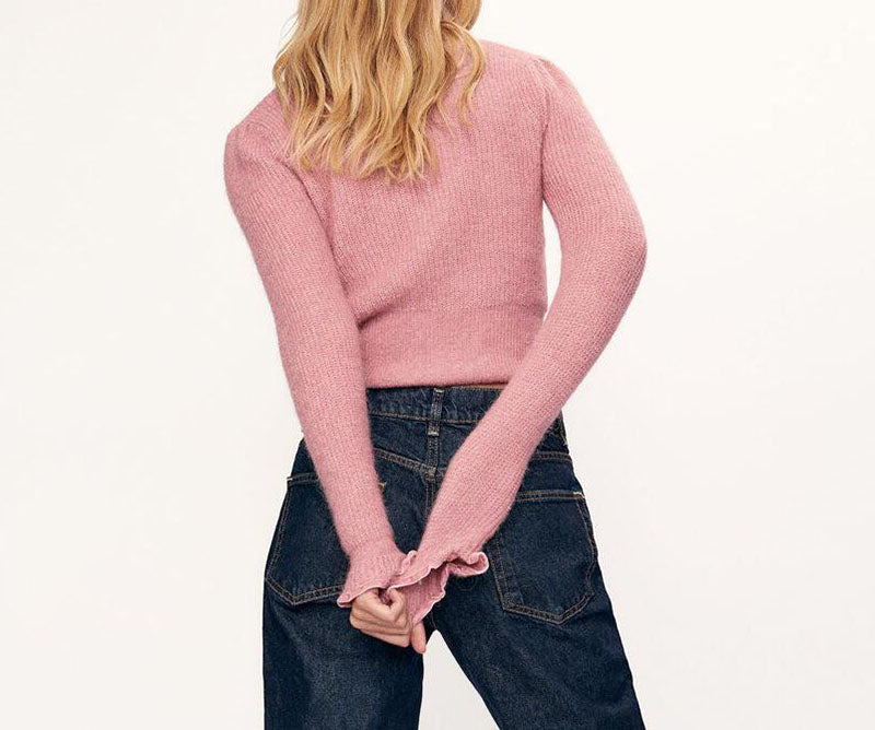 V-Neck Ruffles Knitted Cardigan