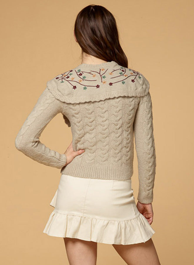 Cropped Crew Neck Embroidered Sweater