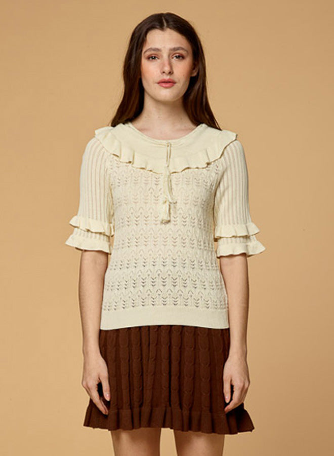Ruffered Hollow Bow Short Sleeve Top