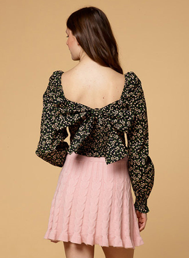 Bow Tied Bubble Sleeve Square Neck Top