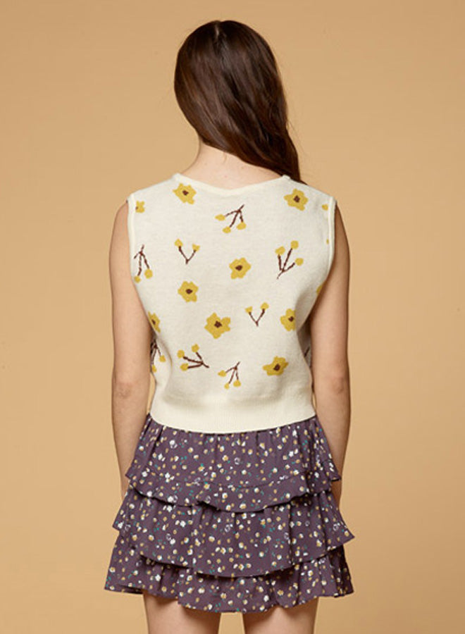 V Neck Contrast Flower Knitted Vest