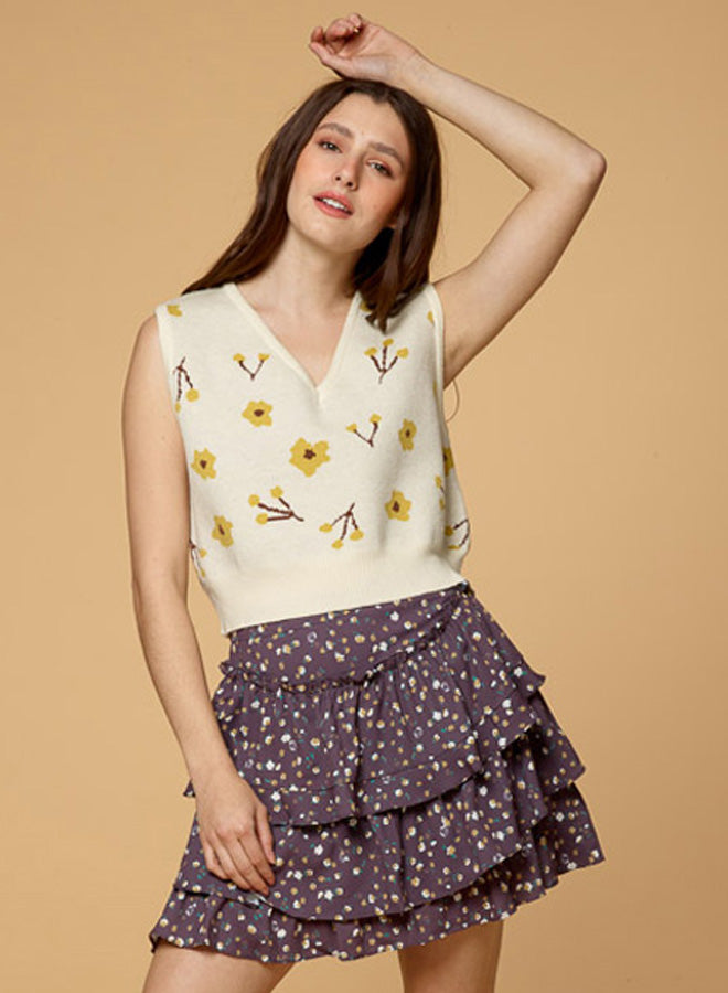 V Neck Contrast Flower Knitted Vest