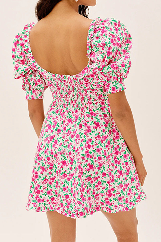 Bubble Sleeve Retro Print Dress
