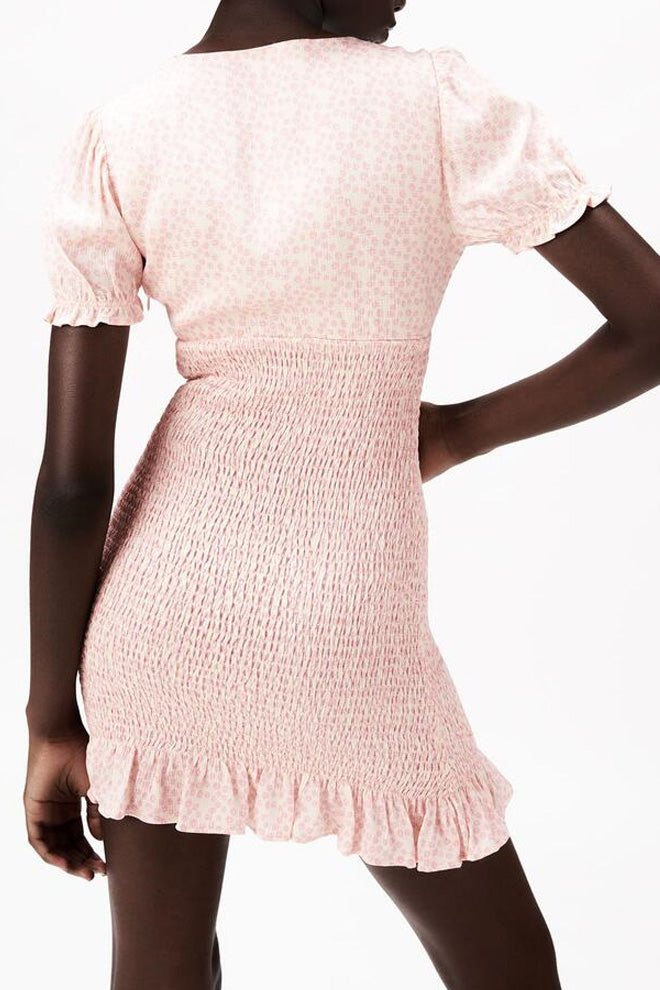 V Neck Short Puff Sleeve Pleated Dress