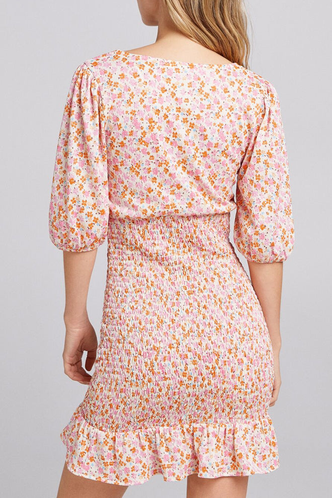 Floral Print V Neck Mid Sleeve Dress