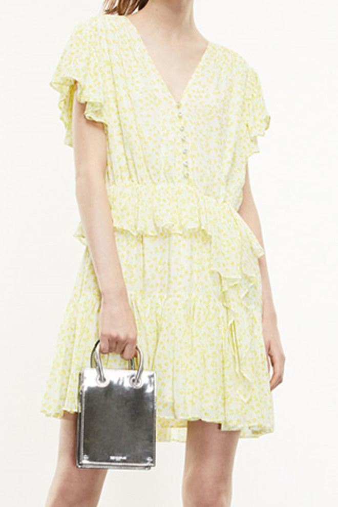Floral Print Ruffle Sleeve V Neck Dress