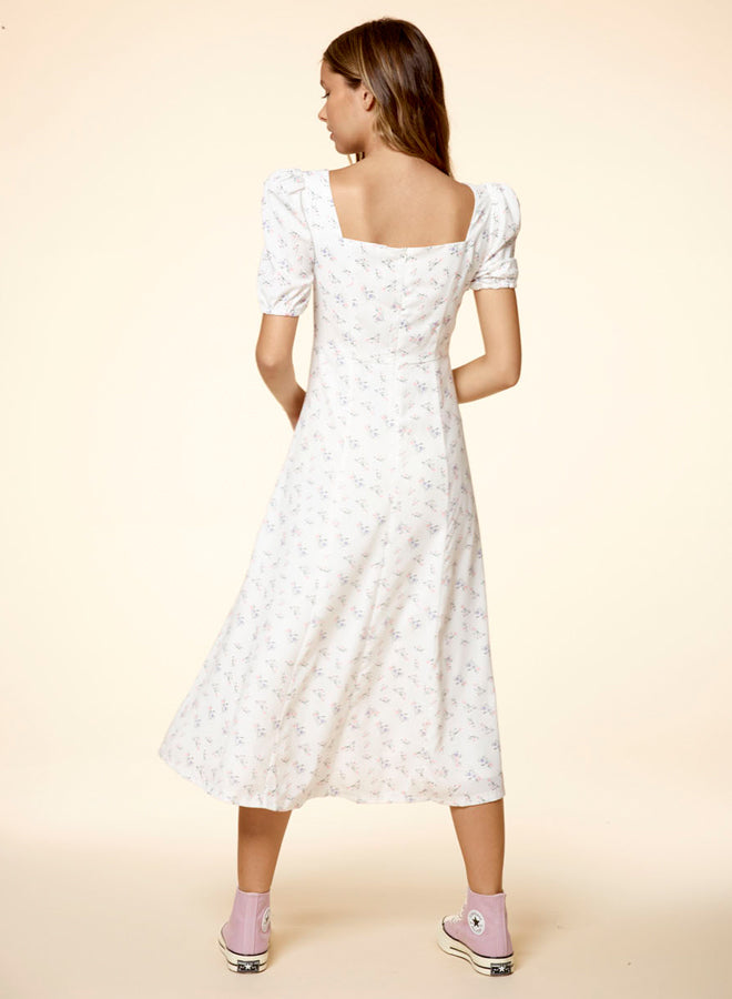 Printed Puff Sleeve Split Fork Dress