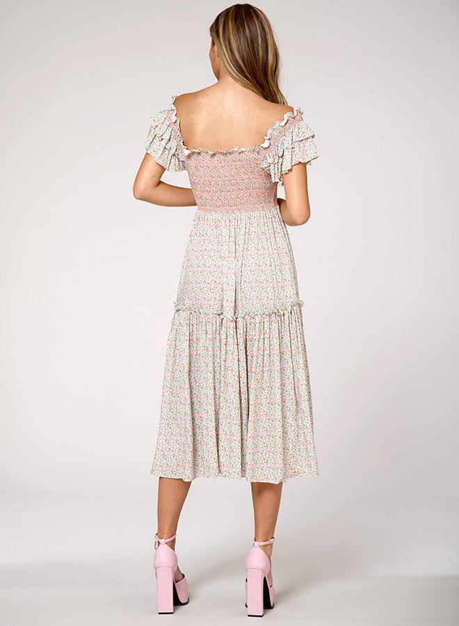 Floral Ruffle-Sleeve Midi Dress