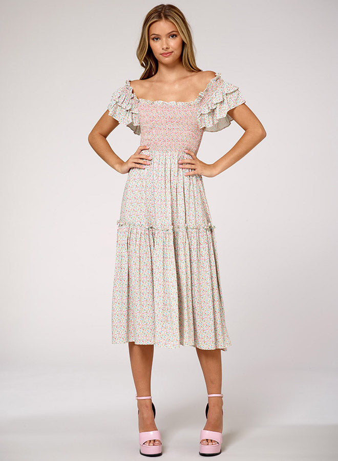 Floral Ruffle-Sleeve Midi Dress
