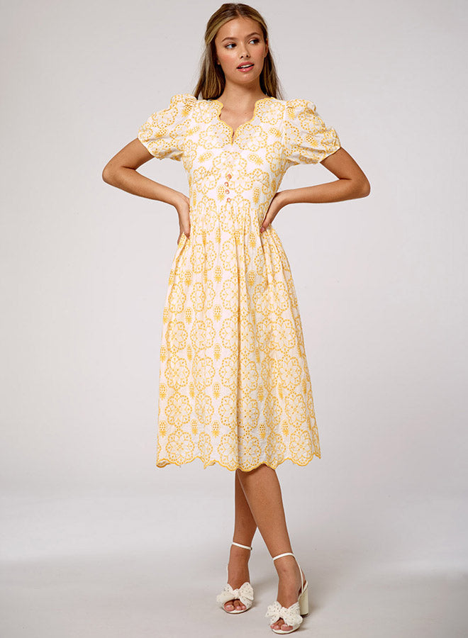 Cutout Floral-Print Embroidered Dress