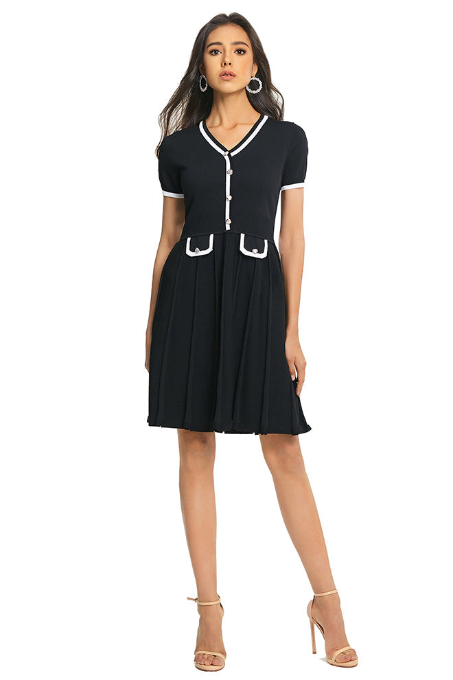 V Neck Pleated Knitting Dress