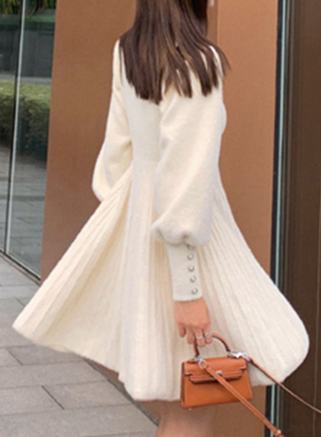 Round Neck A-Line Long Sleeve Dress