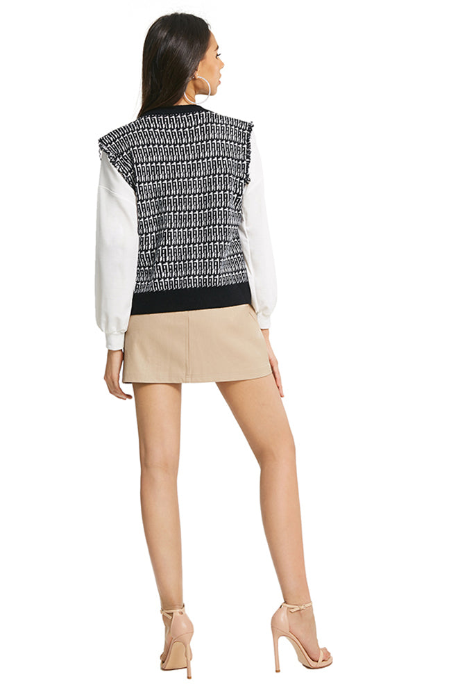 Splicing Sleeve Knitted Plaid Top