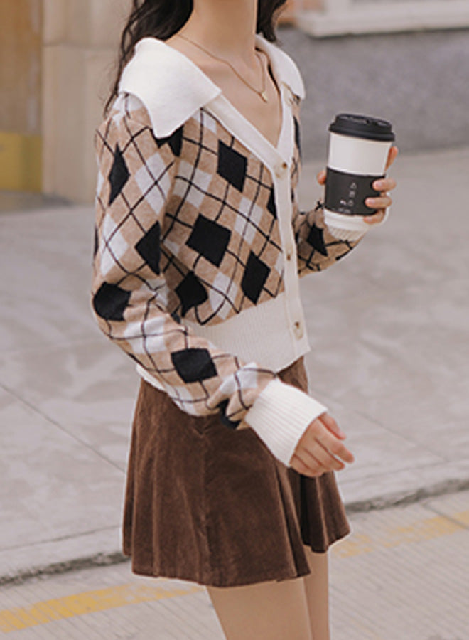 Long Sleeve Plaid Knit Sweater Cardigan