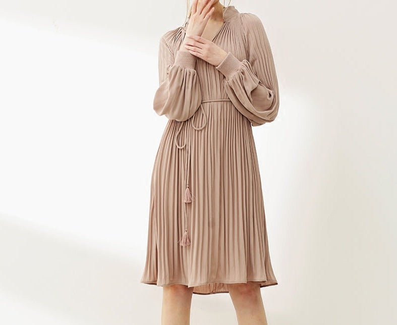 Lantern Sleeve Pleated Dress