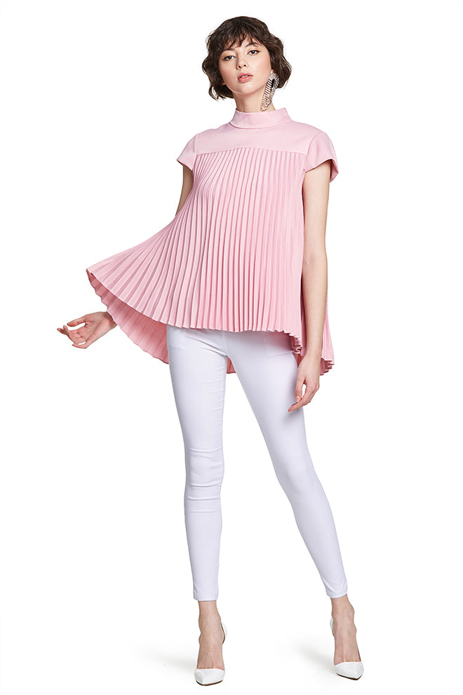High-Neck Short Sleeve Pleated Top