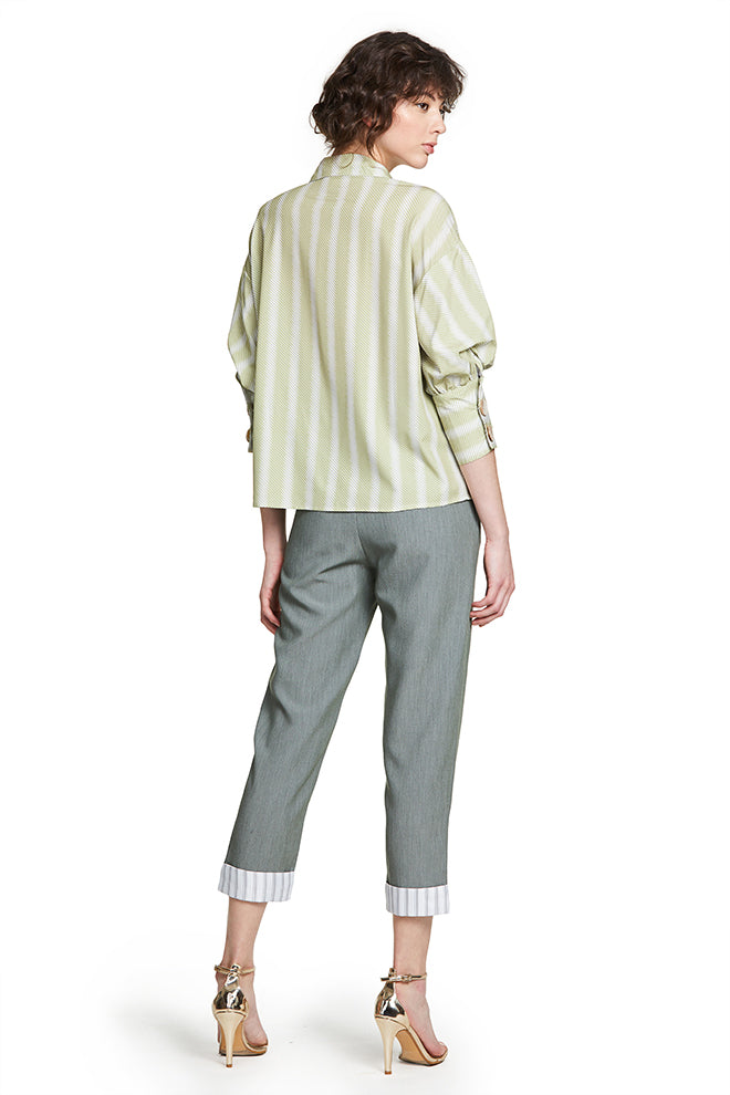 Lantern Sleeve Stripe Top With Button Detail