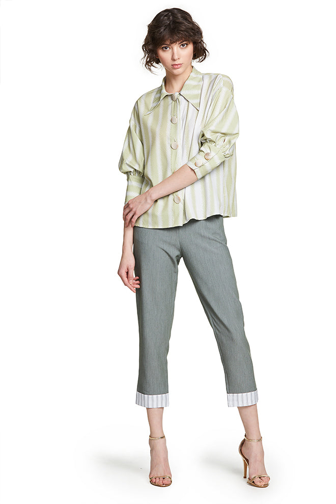 Lantern Sleeve Stripe Top With Button Detail