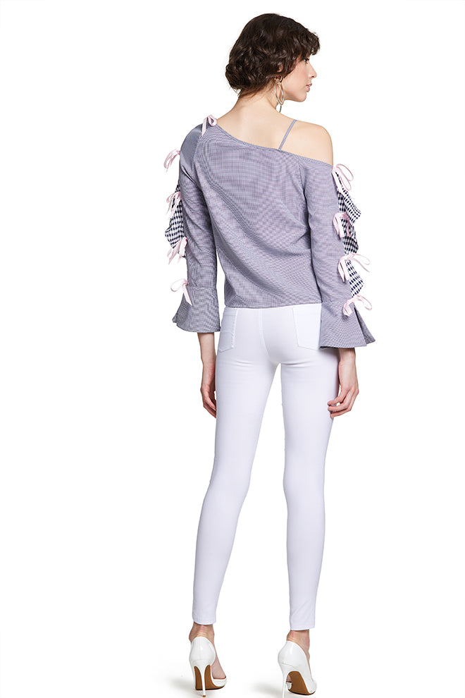 One Shoulder Striped Ruffle-Tiered Top