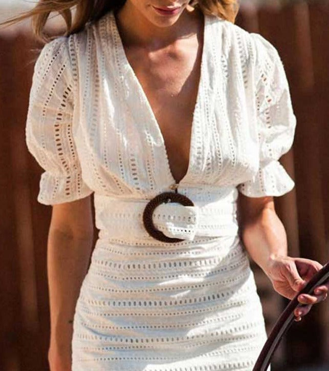 Buckle-Belt Lace Dress