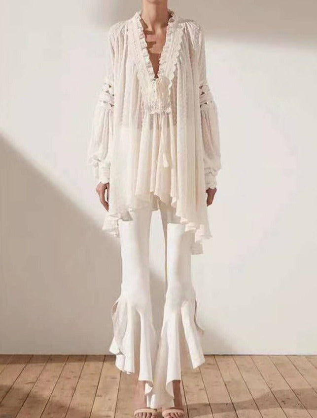 Lace Embroidered V-Neck Shirt