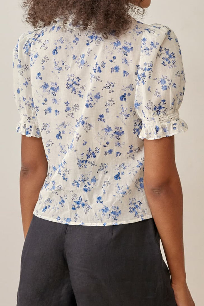 V-Neck Printed Short Bubble Sleeve Top